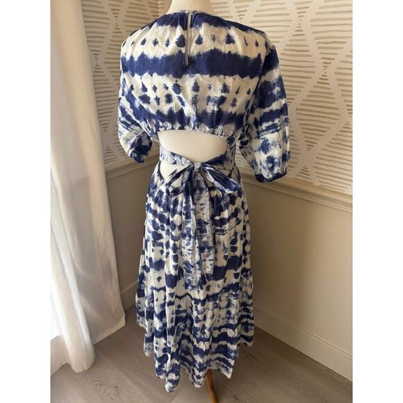 Mango MNG Women’s Size 8 Medium Blue White Cotton Puff Sleeve Midi Maxi Dress - Picture 6 of 7
